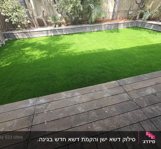 דשא סינתטי בגינה עם עצים מסביב